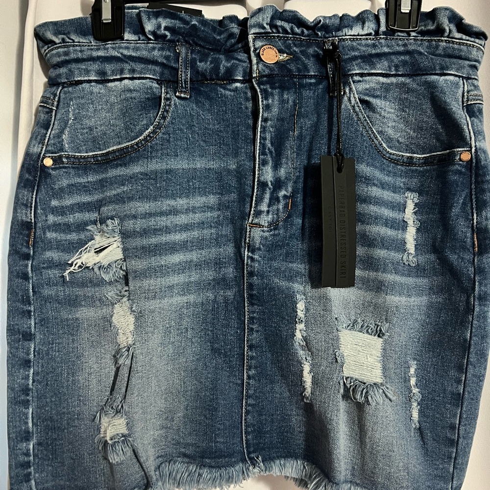 New, Black Label Distressed Denim Skirt